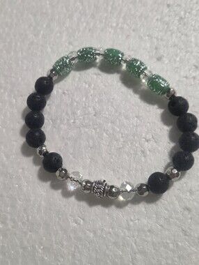 Handcrafted Black Lava and Green Plastic Bead Stretch Bracelet - Unbranded